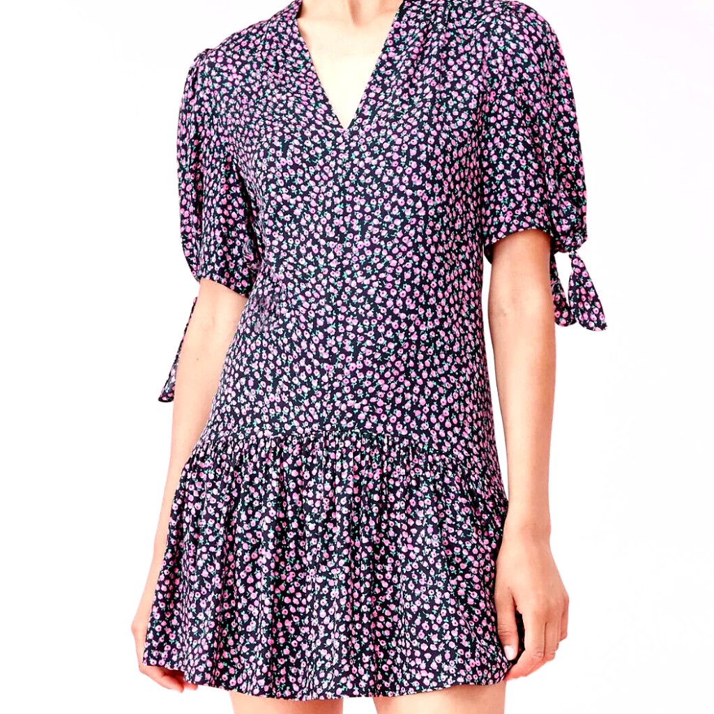 Rebecca Taylor Wild Rose Silk Dress Black Pink Floral Mini Puff Sleeve Size:M